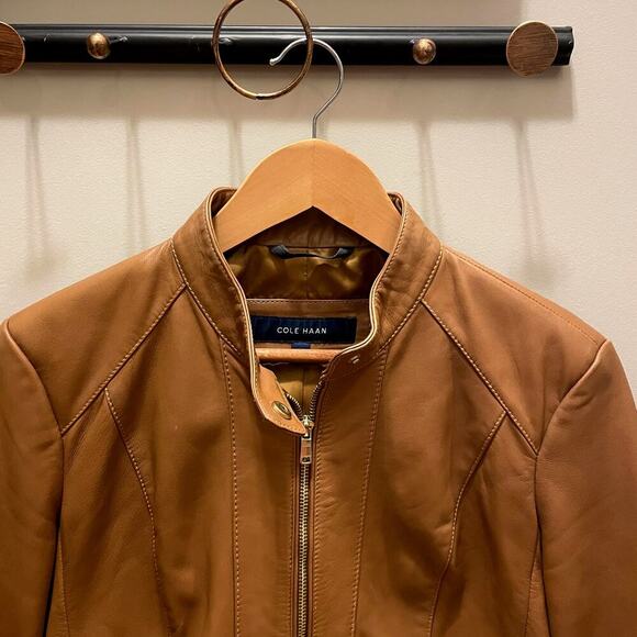 Cole Haan L Genuine Lambskin Leather Moto Jacket | Caramel Brown, Gold Zippers - Picture 4 of 11